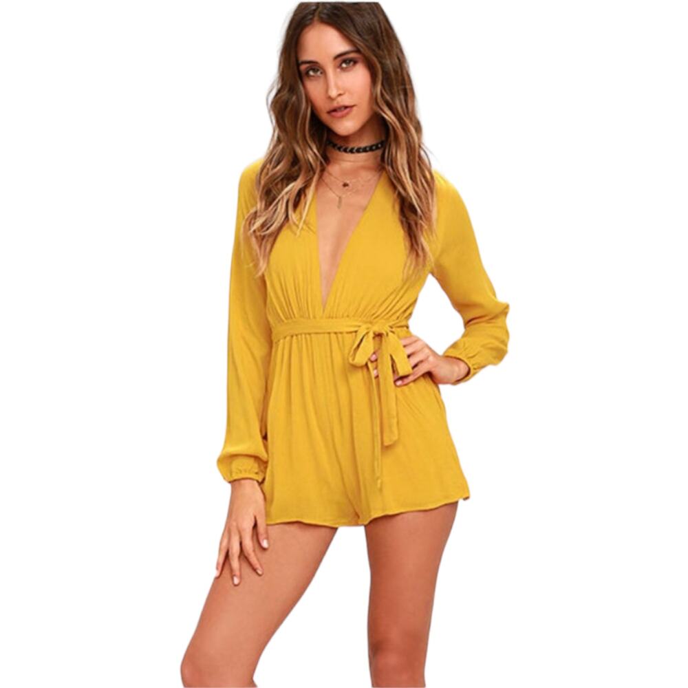 Lulus Outspoken Golden Yellow Long Sleeve Romper Sz Medium